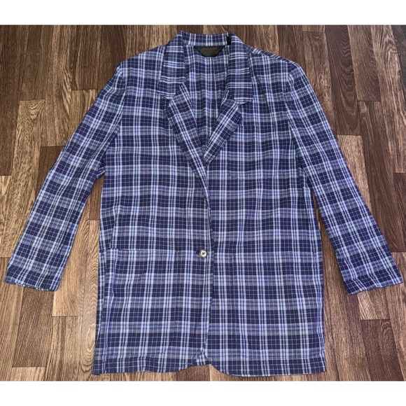 Eddie Bauer Womens Plaid Longline Blazer Jacket Blue Career Casual - Picture 1 of 5